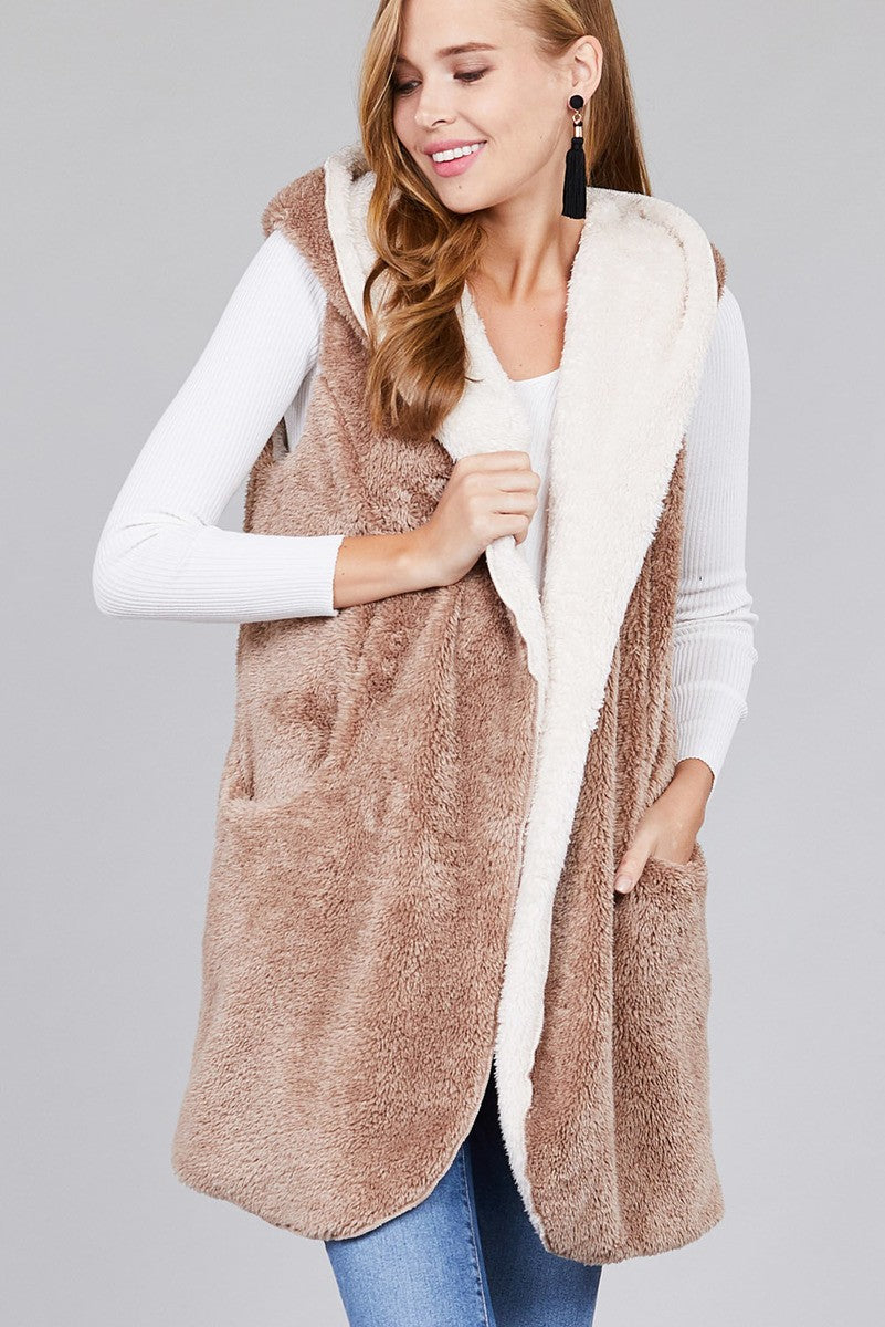 Ladies fashion plus size open front w/hoodie faux fur soft fluffy vest