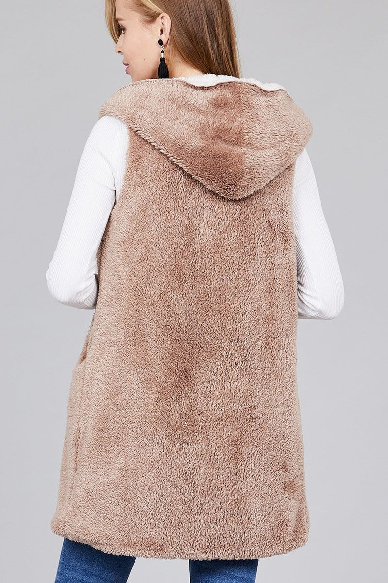 Ladies fashion plus size open front w/hoodie faux fur soft fluffy vest