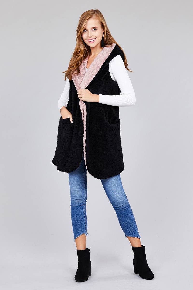 Ladies fashion plus size open front w/hoodie faux fur soft fluffy vest