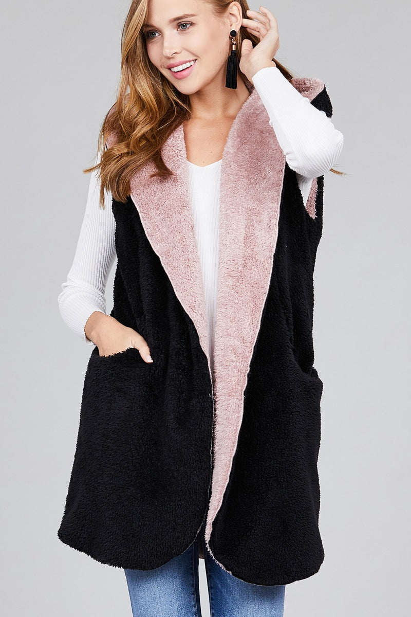 Ladies fashion plus size open front w/hoodie faux fur soft fluffy vest