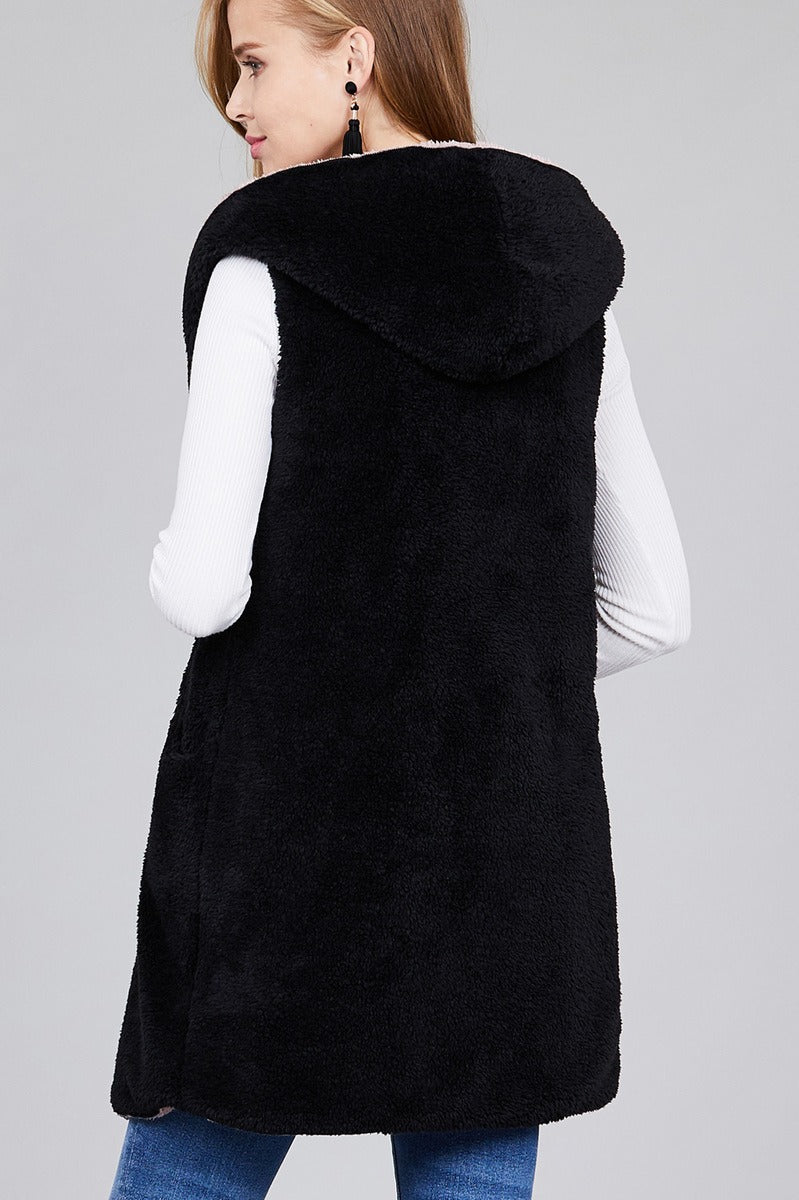 Ladies fashion plus size open front w/hoodie faux fur soft fluffy vest