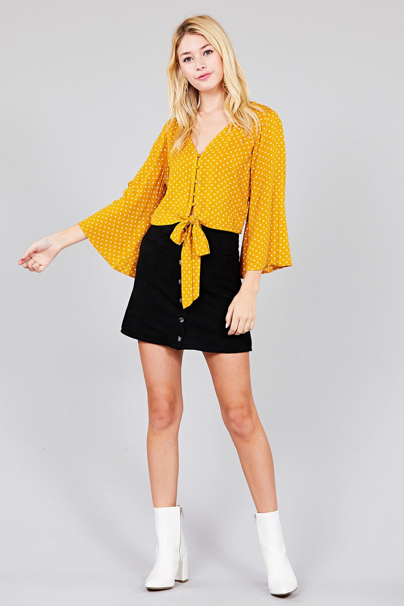 Ladies fashion plus size 3/4 bell sleeve v-neck w/button front tie detail dot printed crinkle gauze woven top