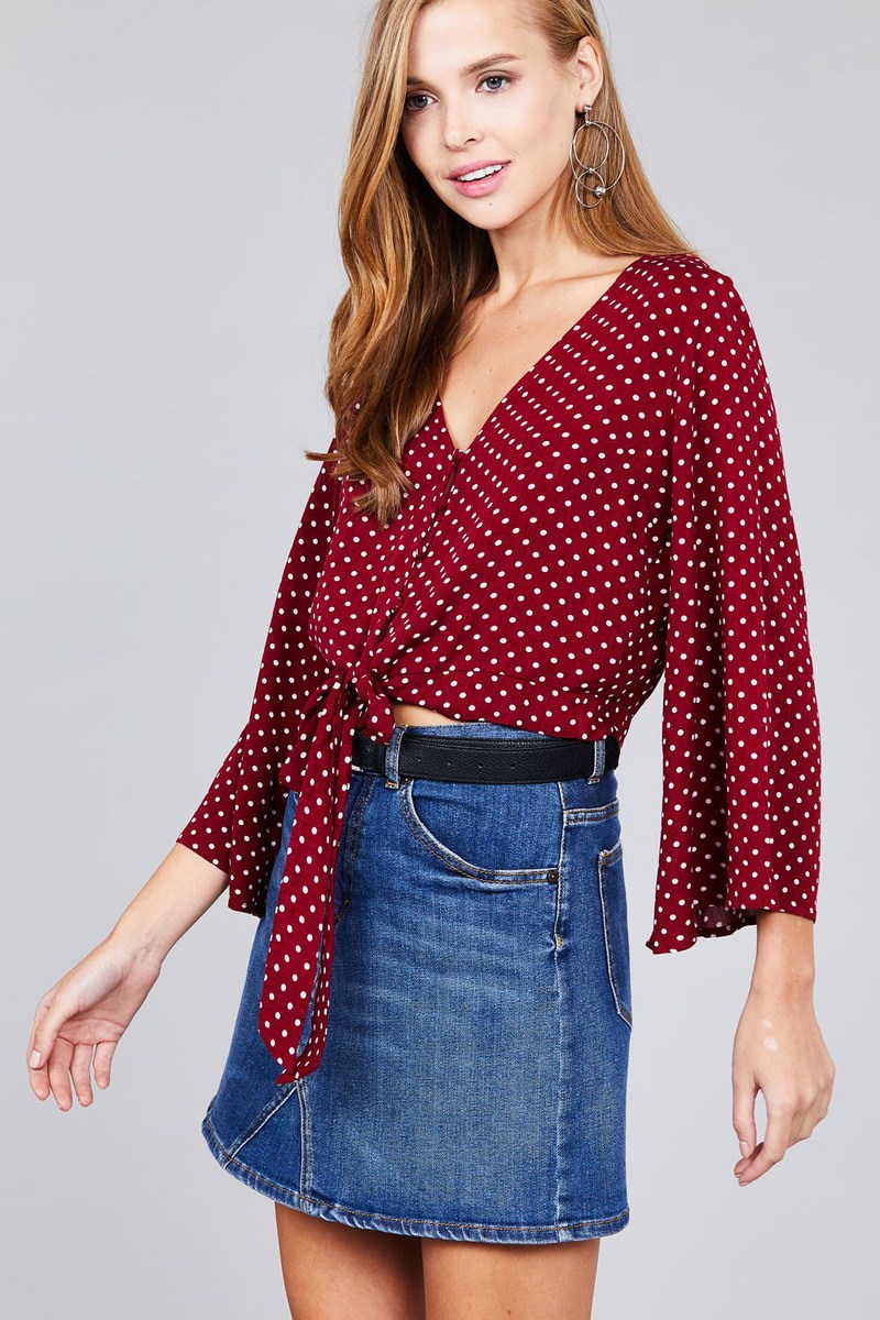 Ladies fashion plus size 3/4 bell sleeve v-neck w/button front tie detail dot printed crinkle gauze woven top