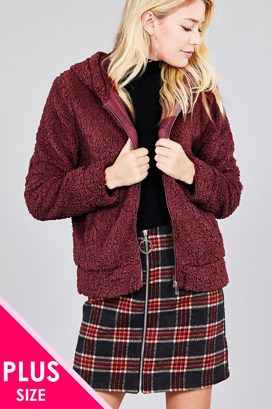 Ladies fashion plus size hoodie side pocket faux fur zip-up jacket