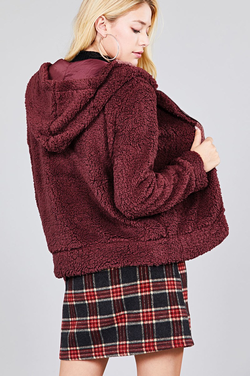 Ladies fashion plus size hoodie side pocket faux fur zip-up jacket