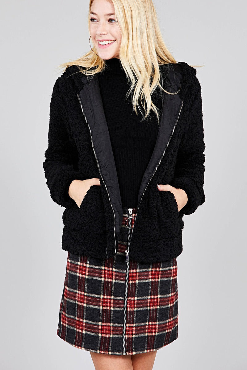 Ladies fashion plus size hoodie side pocket faux fur zip-up jacket