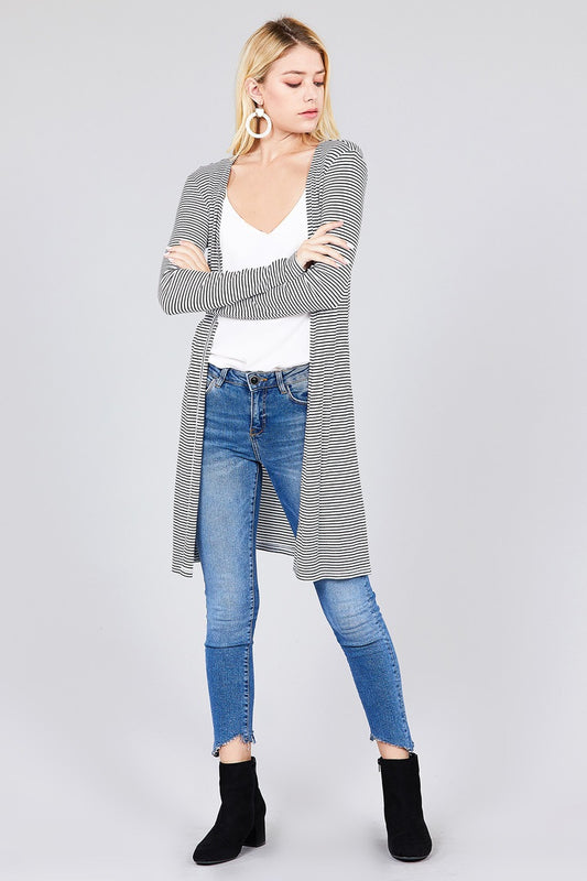 Ladies fashion plus size long sleeve open front side slit stripe tunic length rayon spandex rib cardigan