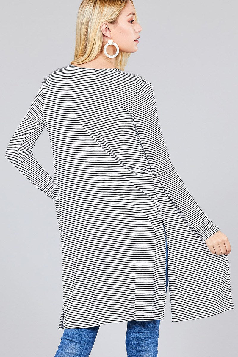 Ladies fashion plus size long sleeve open front side slit stripe tunic length rayon spandex rib cardigan