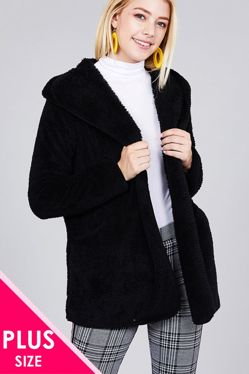 Ladies fashion plus size long sleeve open front w/hoodie faux fur fluffy jacket