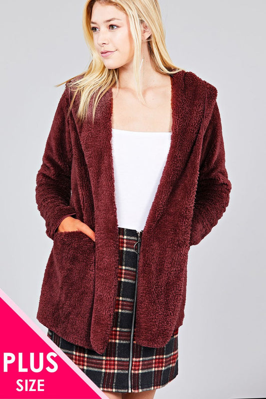 Ladies fashion plus size long sleeve open front w/hoodie faux fur fluffy jacket