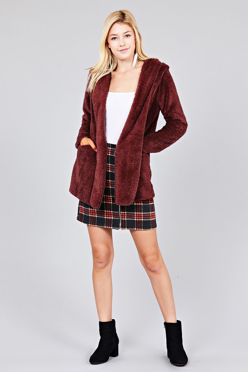 Ladies fashion plus size long sleeve open front w/hoodie faux fur fluffy jacket