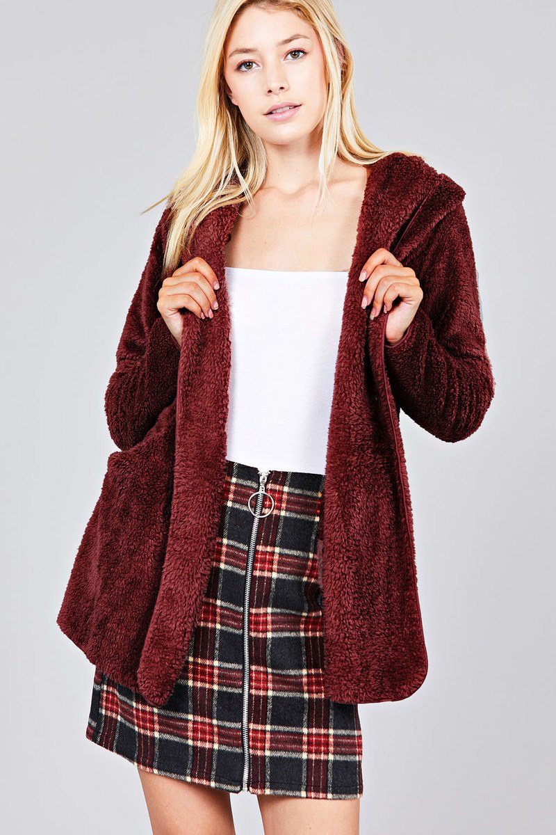 Ladies fashion plus size long sleeve open front w/hoodie faux fur fluffy jacket