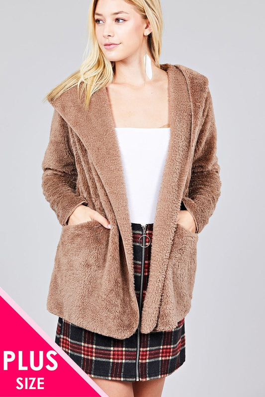Ladies fashion plus size long sleeve open front w/hoodie faux fur fluffy jacket