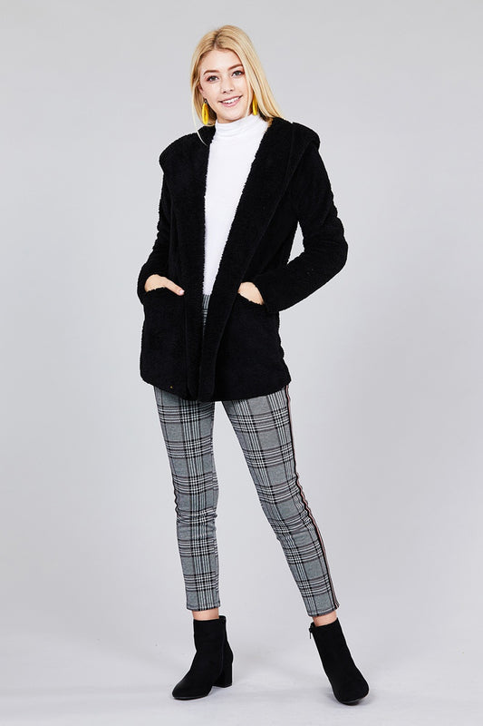 Ladies fashion plus size long sleeve open front w/hoodie faux fur fluffy jacket