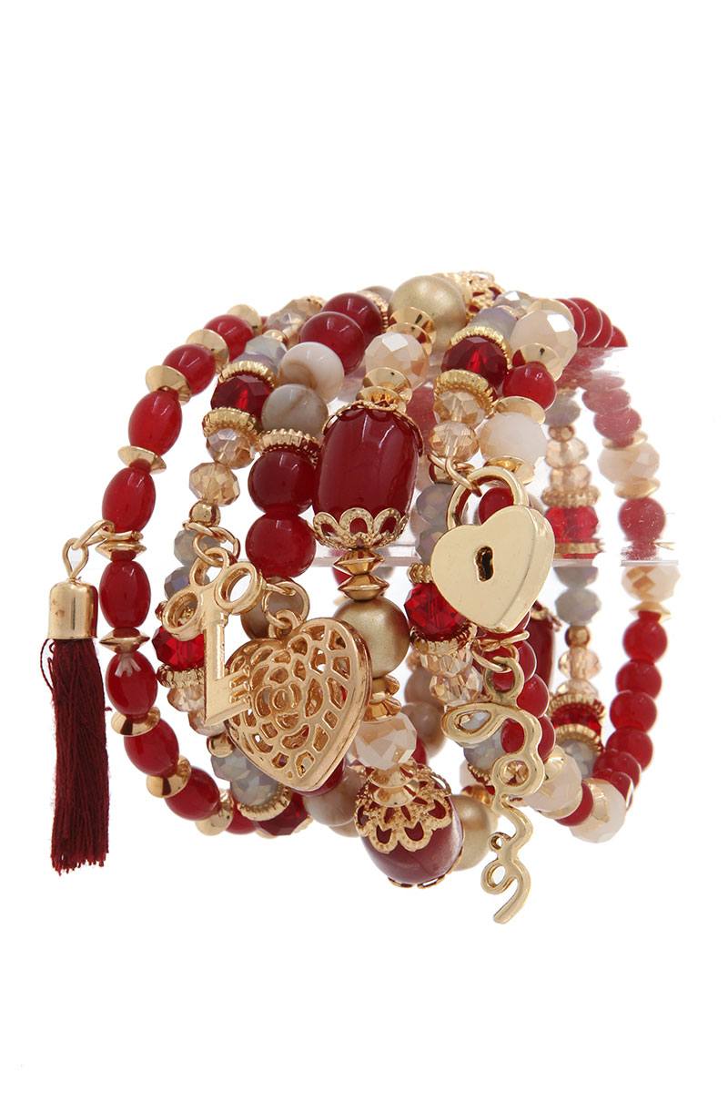 Heart lock charm beaded stretch bracelet