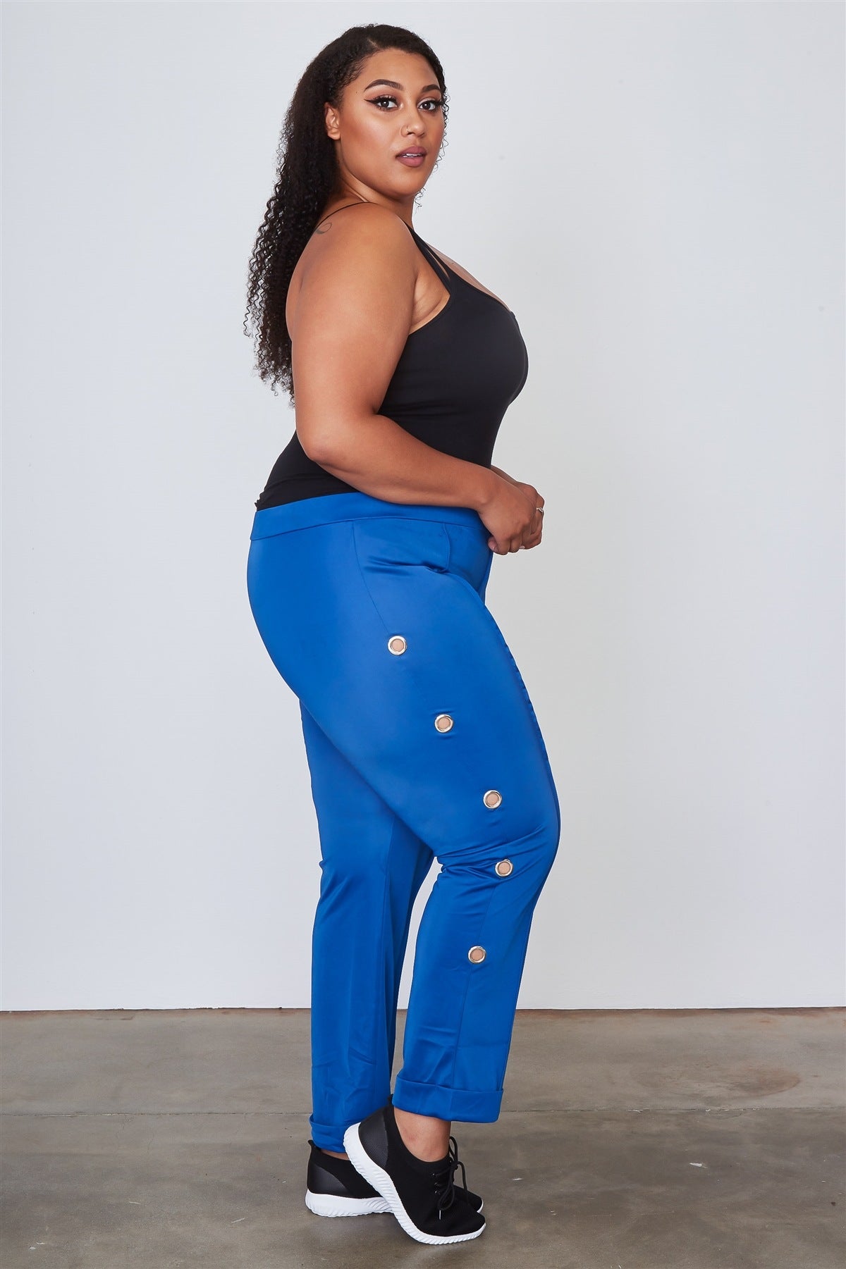 Ladies fashion plus size side metal grommet embellished pants