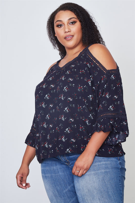 Ladies fashion plus size crochet trim cold shoulder boho top