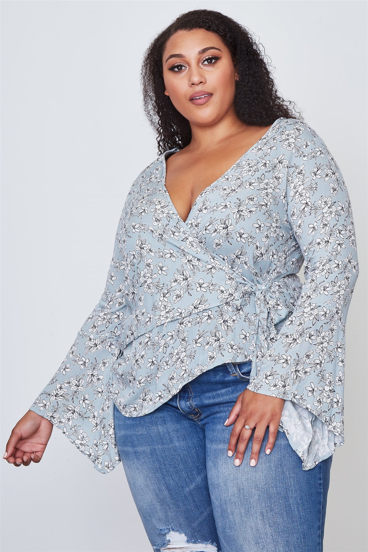 Ladies fashion plus size floral print deep "v" front tie boho top