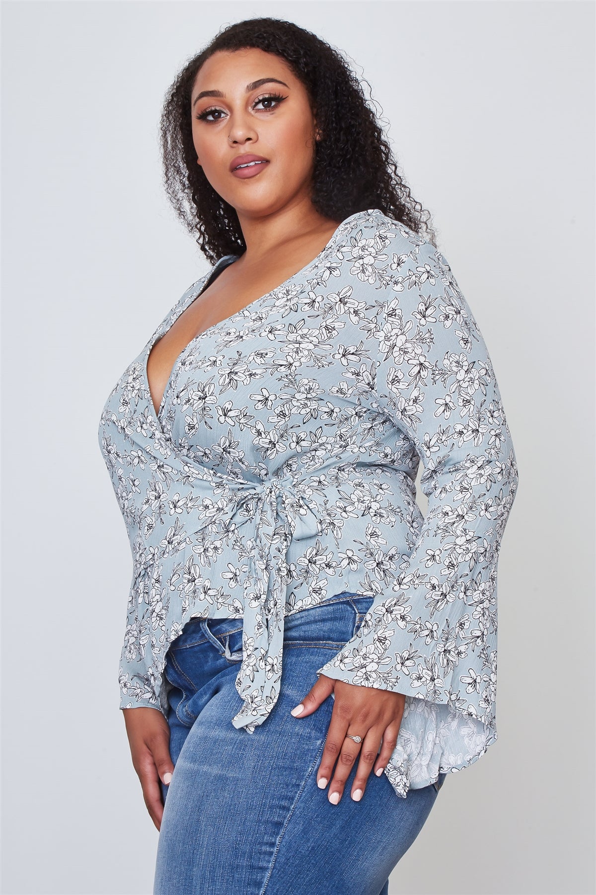 Ladies fashion plus size floral print deep "v" front tie boho top