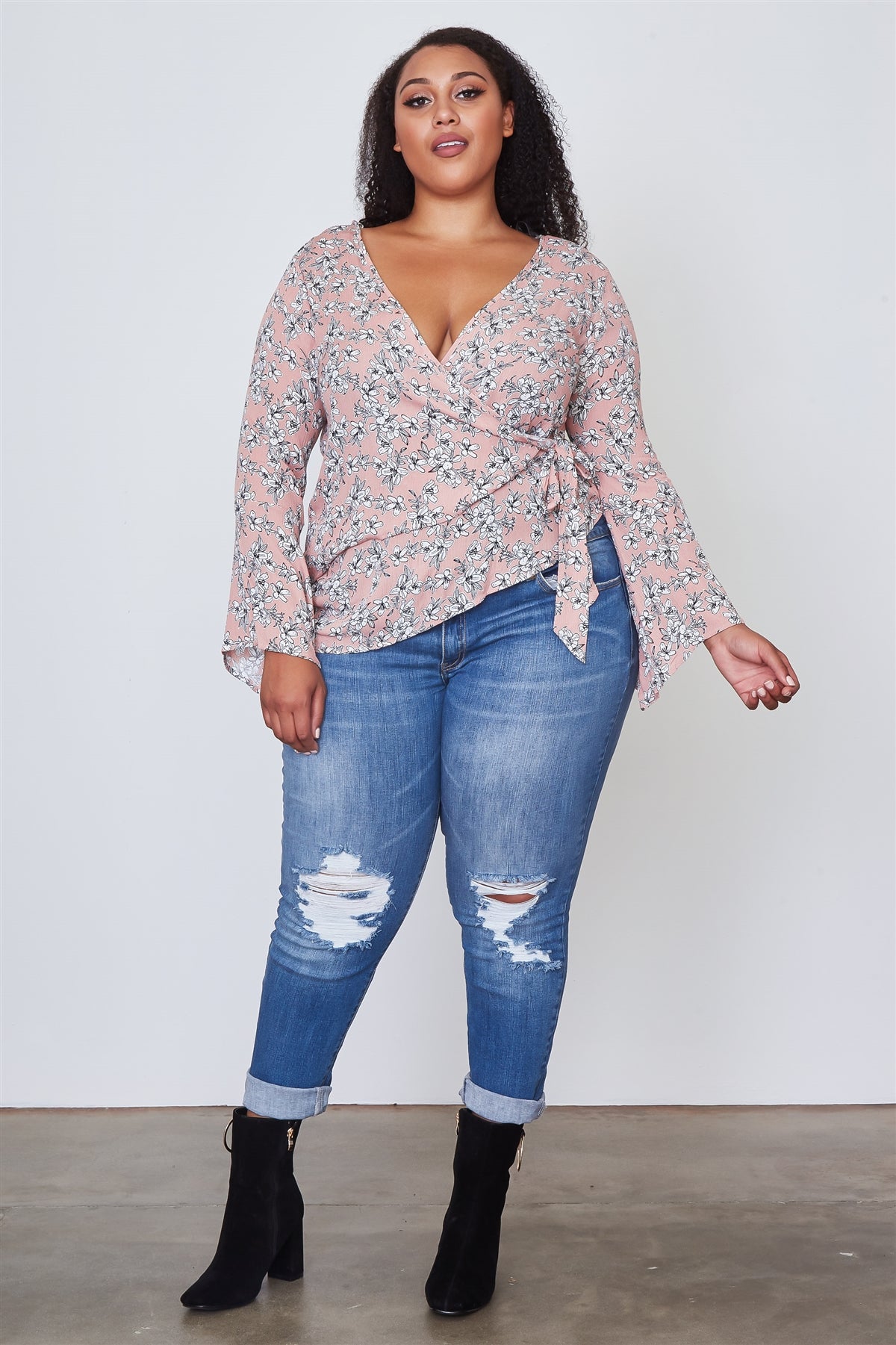 Ladies fashion plus size floral print deep "v" front tie boho top