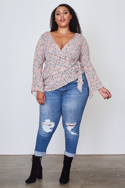 Ladies fashion plus size floral print deep "v" front tie boho top