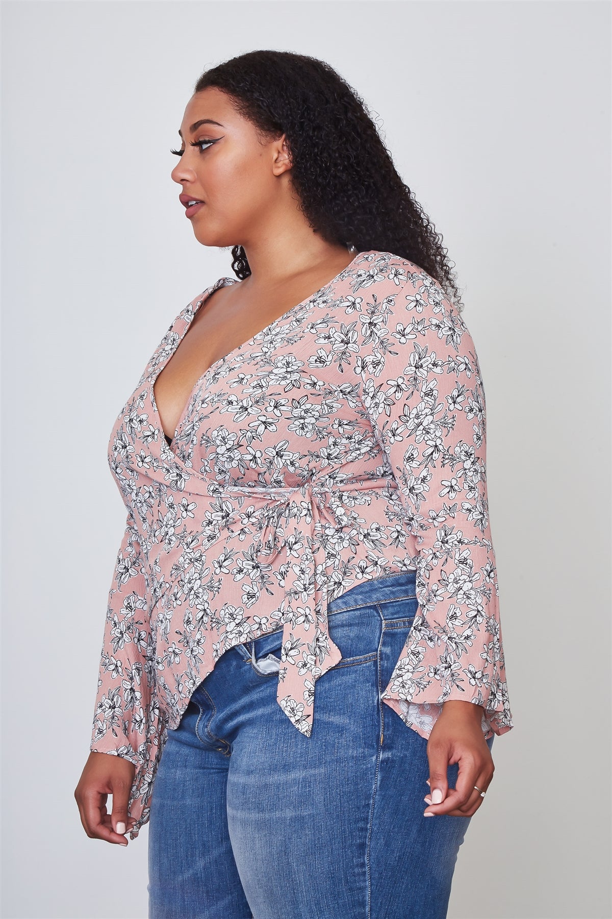 Ladies fashion plus size floral print deep "v" front tie boho top