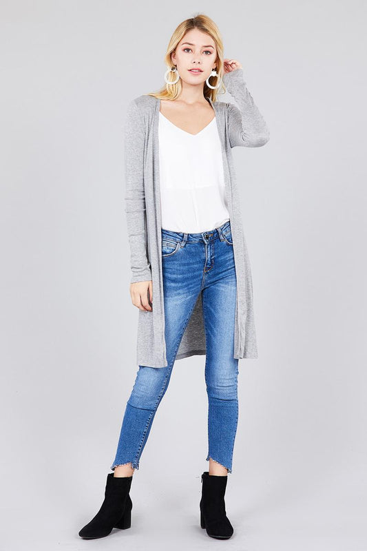 Ladies fashion plus size long sleeve open front side slit tunic length rayon spandex rib cardigan