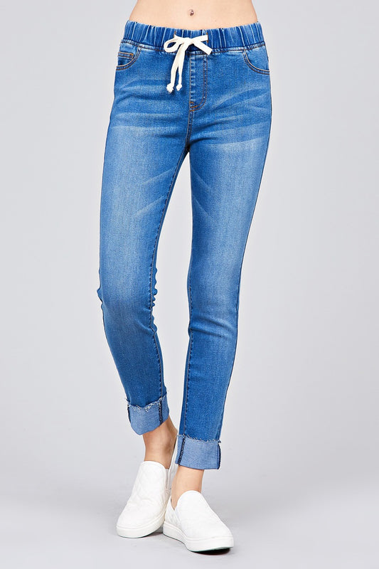 Ladies fashion plus size waist drawstring roll cuff detail washed denim jogger skinny pants