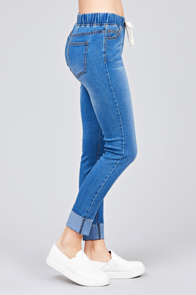 Ladies fashion plus size waist drawstring roll cuff detail washed denim jogger skinny pants