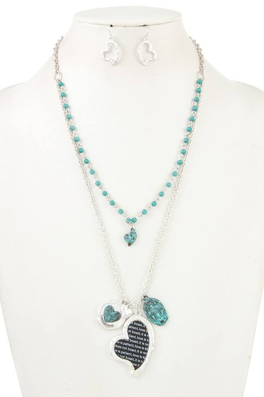 Double layered heart pendant charm necklace set