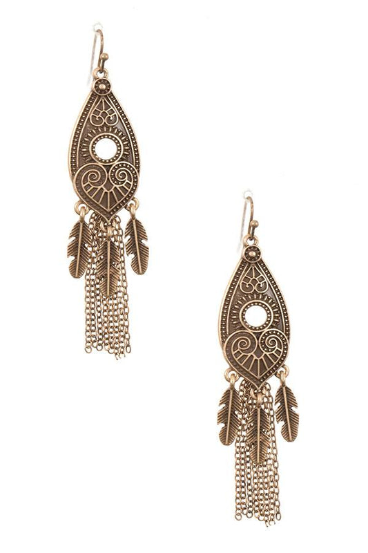 Etched ornate fringe chain dangle earring