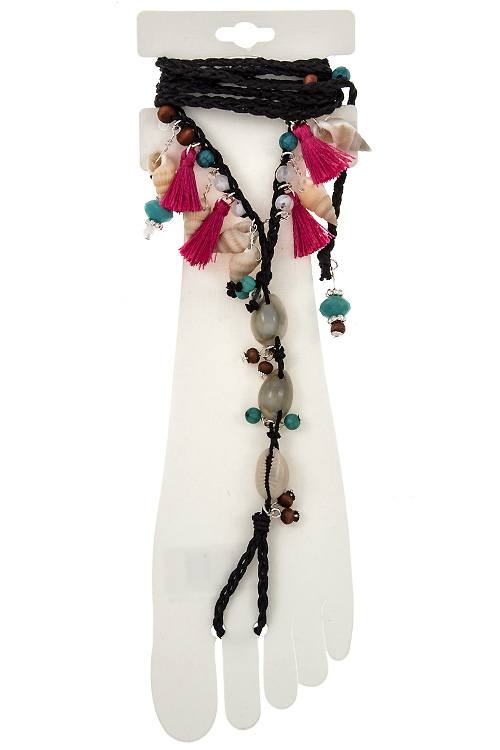 Seashell link dangle cord ankle bracelet
