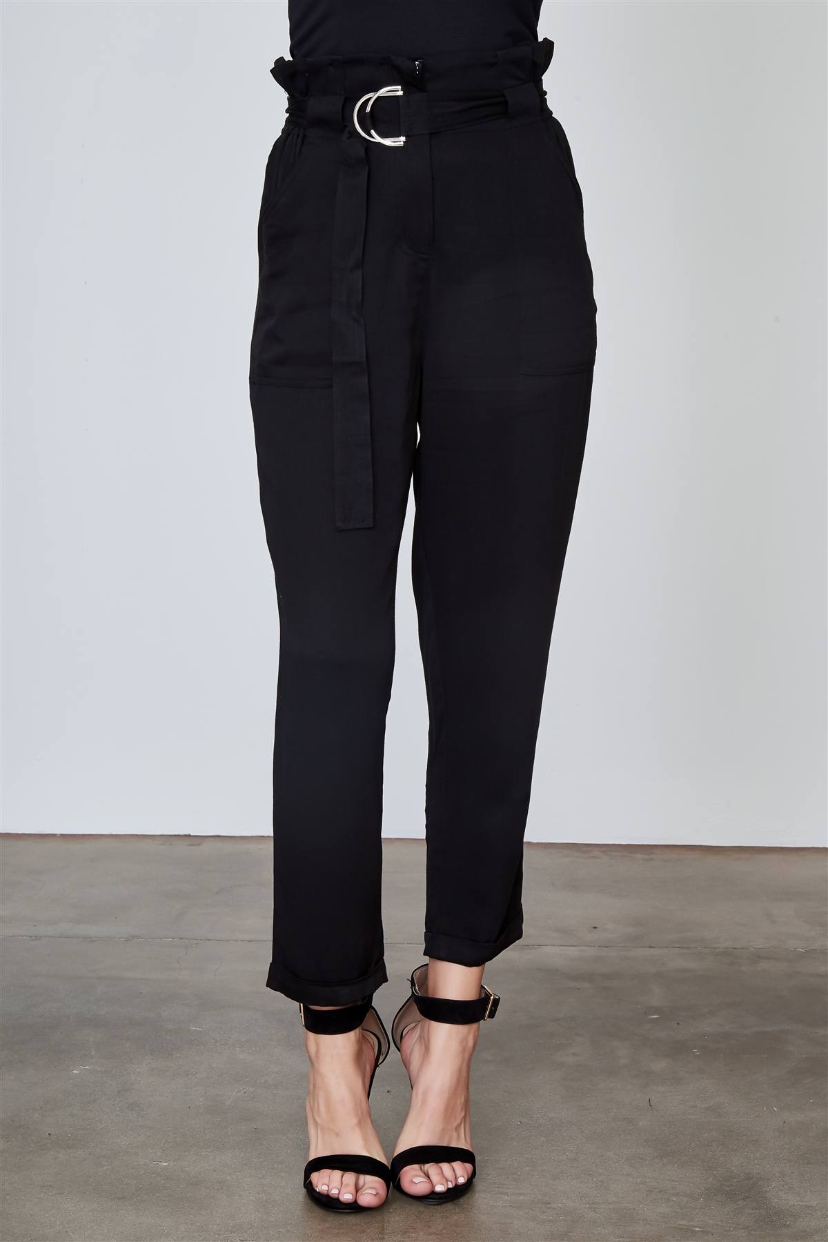 Ladies fashion frill waist belted cuffed hem pants