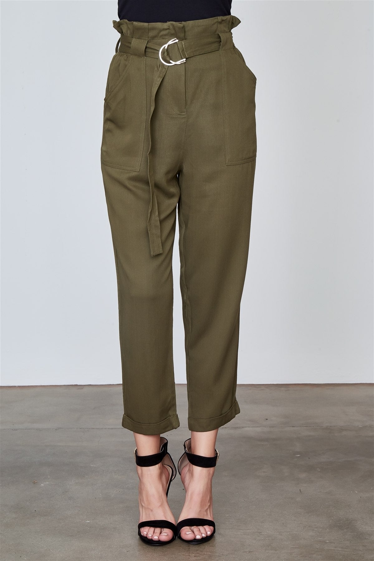 Ladies fashion frill waist belted cuffed hem pants