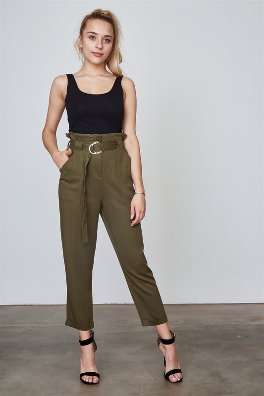 Ladies fashion frill waist belted cuffed hem pants