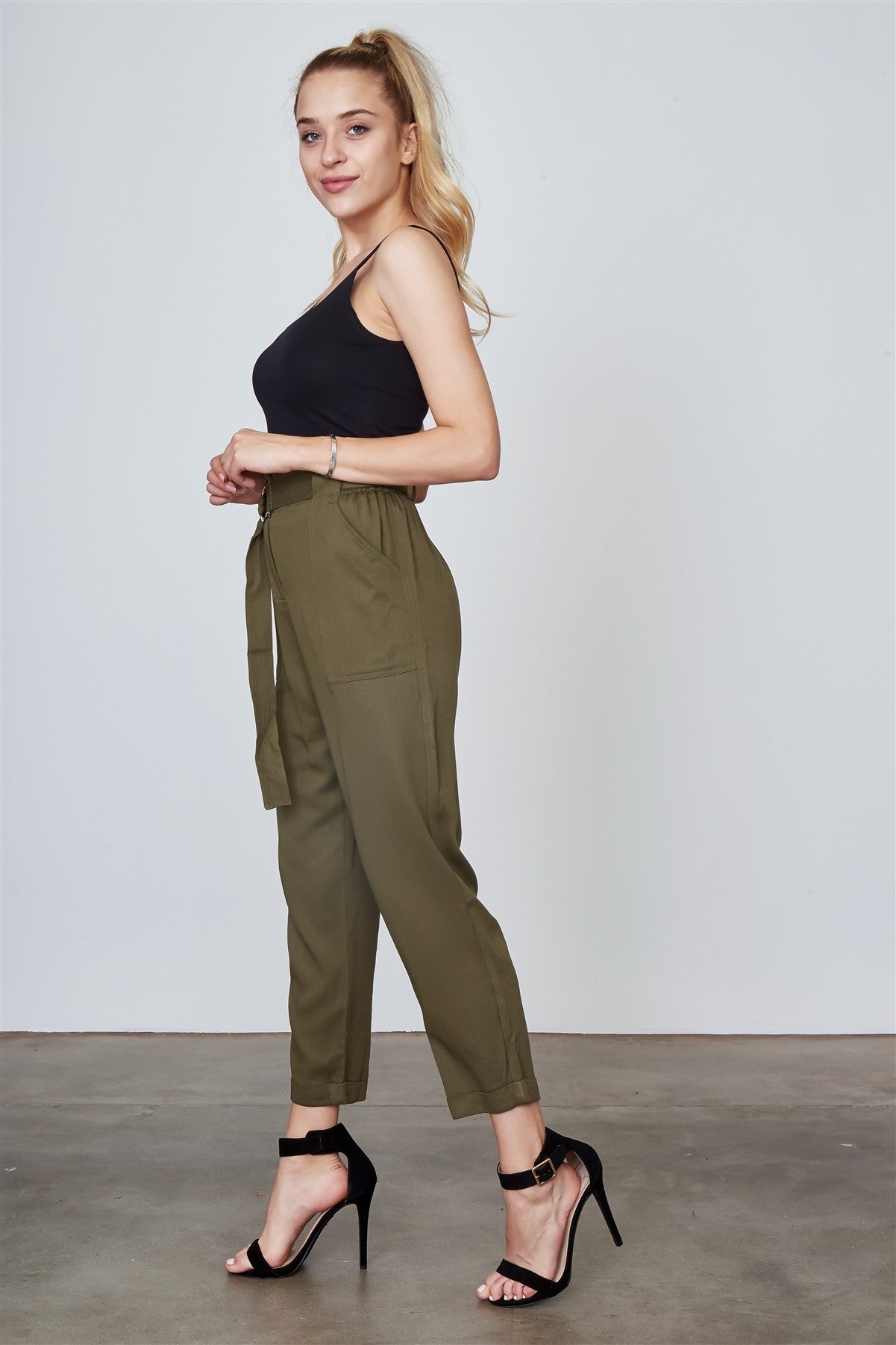 Ladies fashion frill waist belted cuffed hem pants