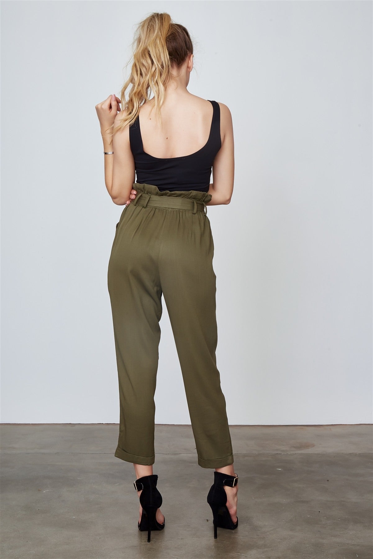 Ladies fashion frill waist belted cuffed hem pants