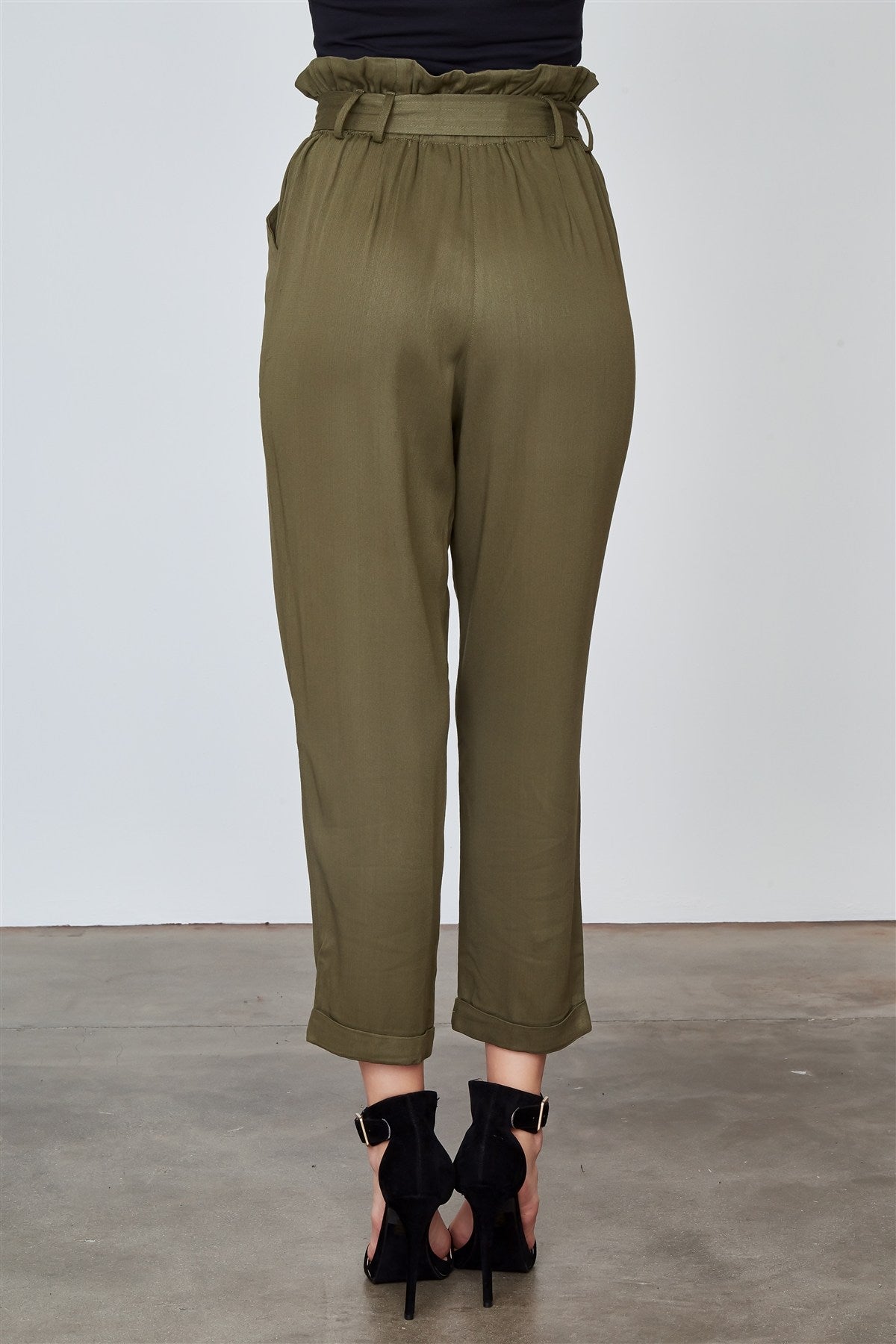 Ladies fashion frill waist belted cuffed hem pants