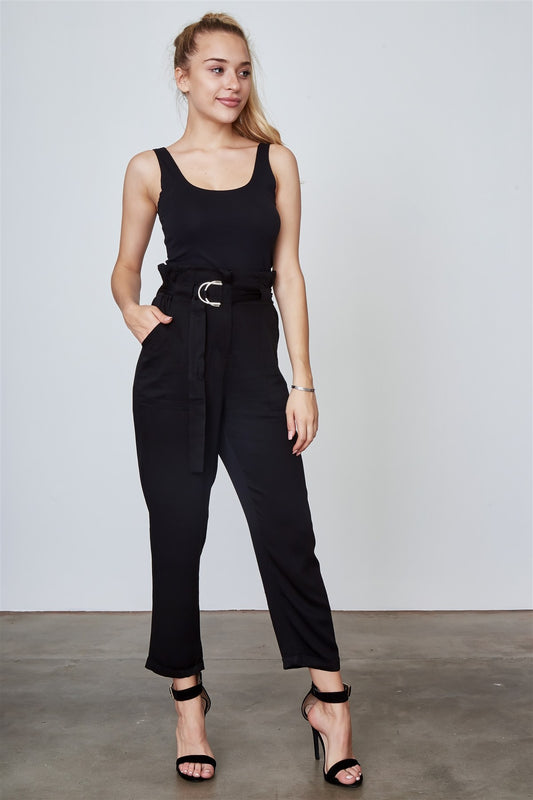 Ladies fashion frill waist belted cuffed hem pants