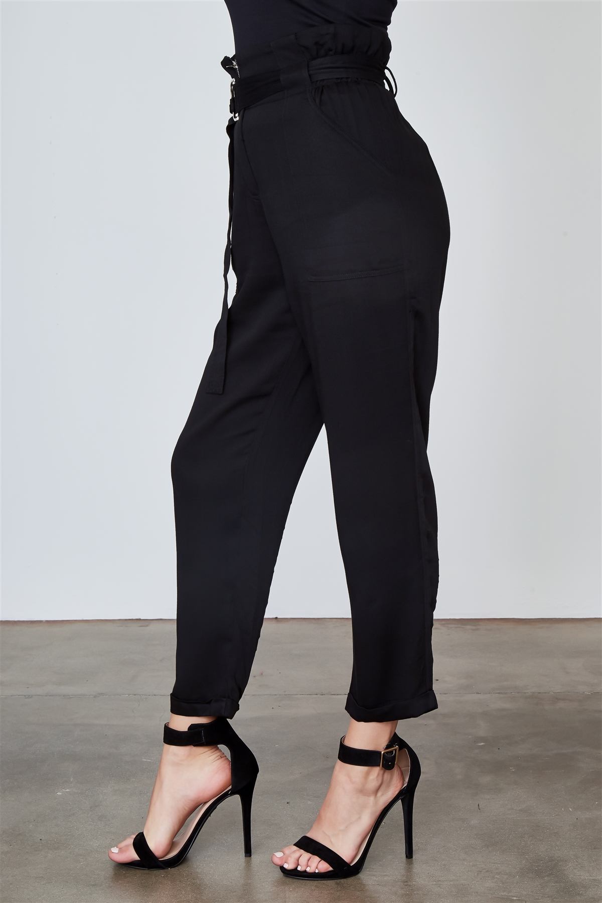 Ladies fashion frill waist belted cuffed hem pants