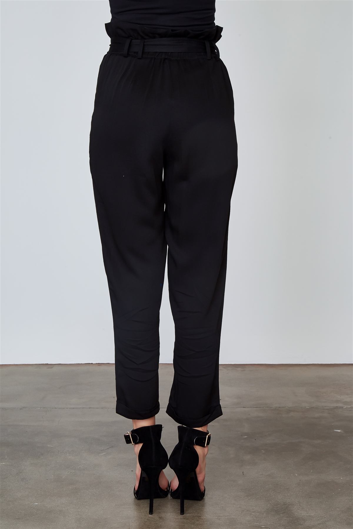 Ladies fashion frill waist belted cuffed hem pants