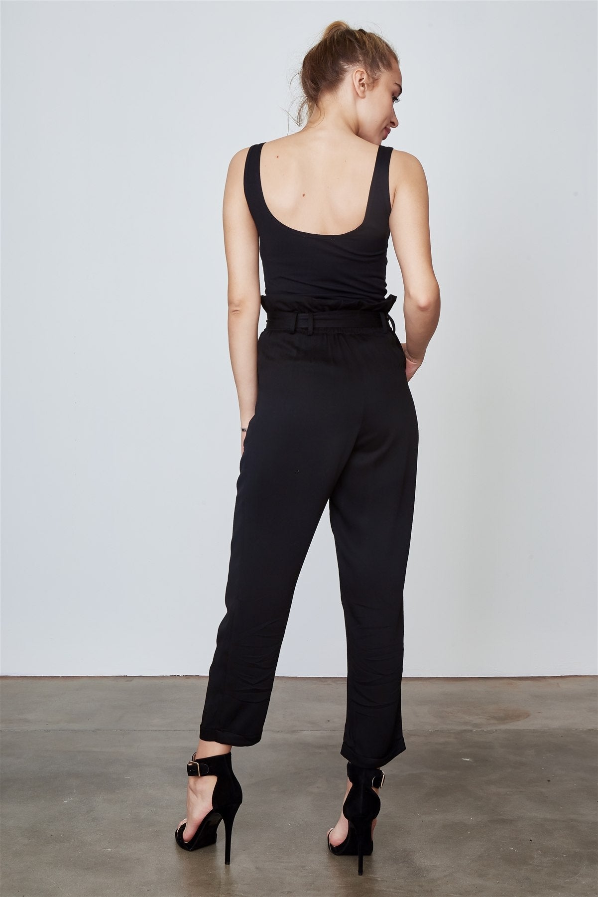 Ladies fashion frill waist belted cuffed hem pants