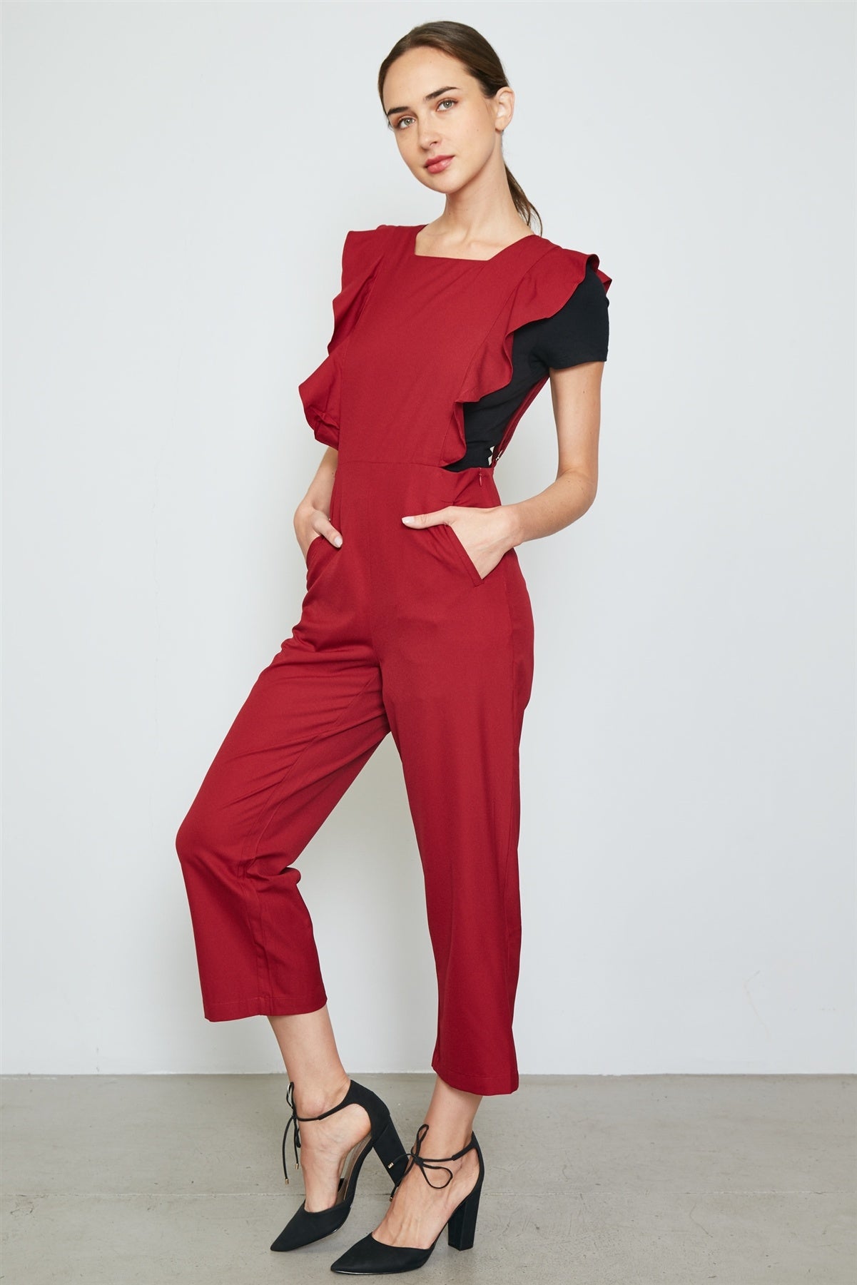 Ladies fashion burgundy ruffle detail adjustable straps jumpsuit