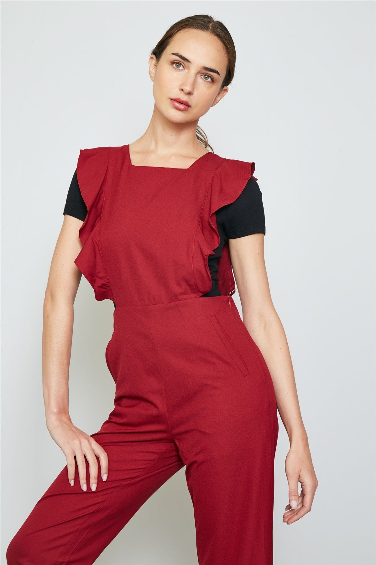 Ladies fashion burgundy ruffle detail adjustable straps jumpsuit