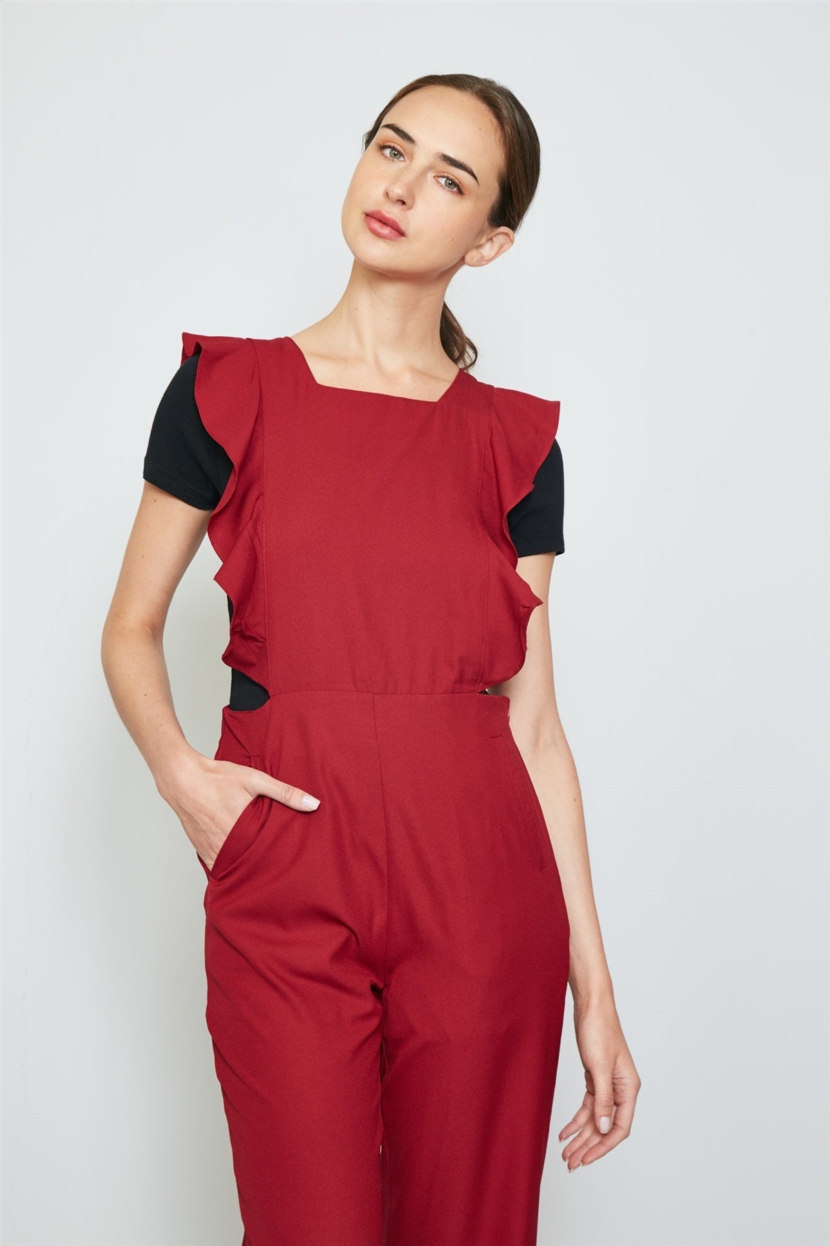 Ladies fashion burgundy ruffle detail adjustable straps jumpsuit