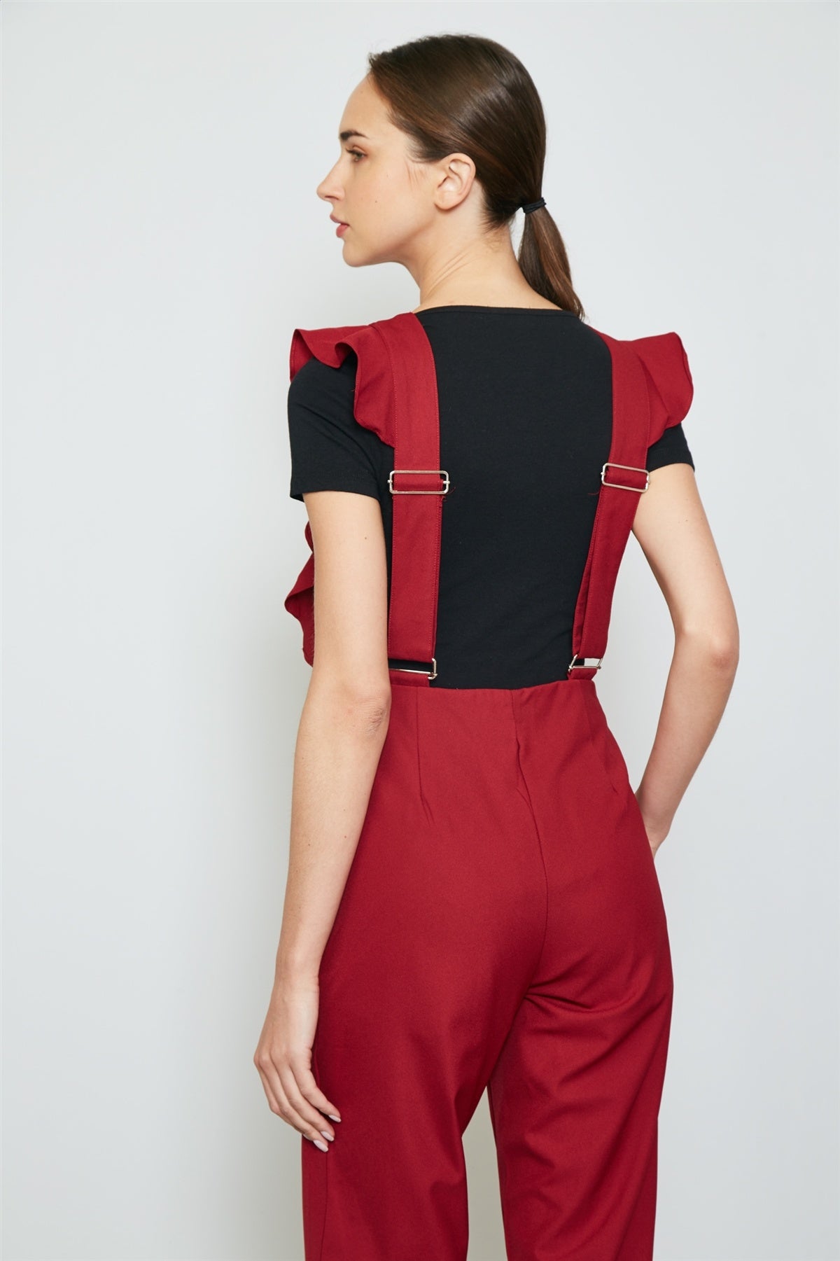 Ladies fashion burgundy ruffle detail adjustable straps jumpsuit
