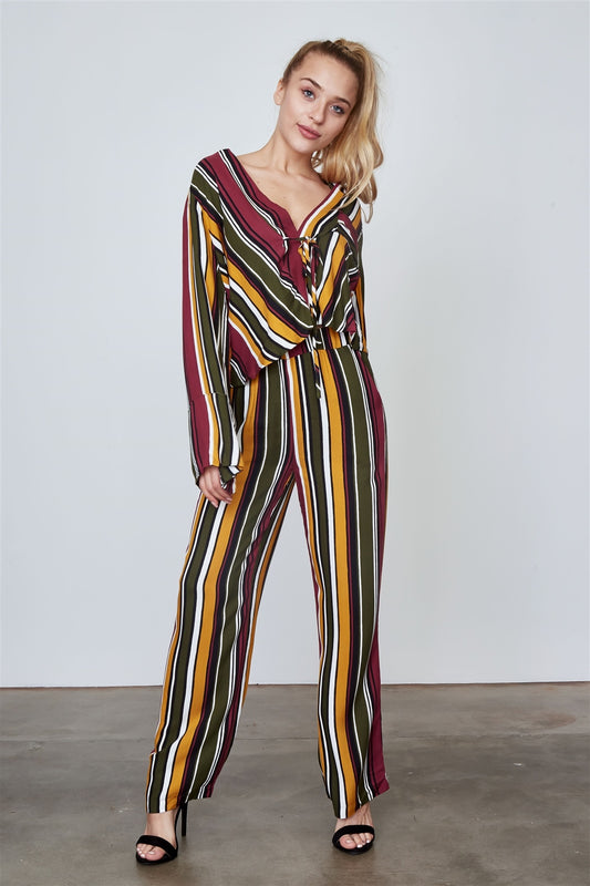 Ladies fashion multi stripe print two piece set