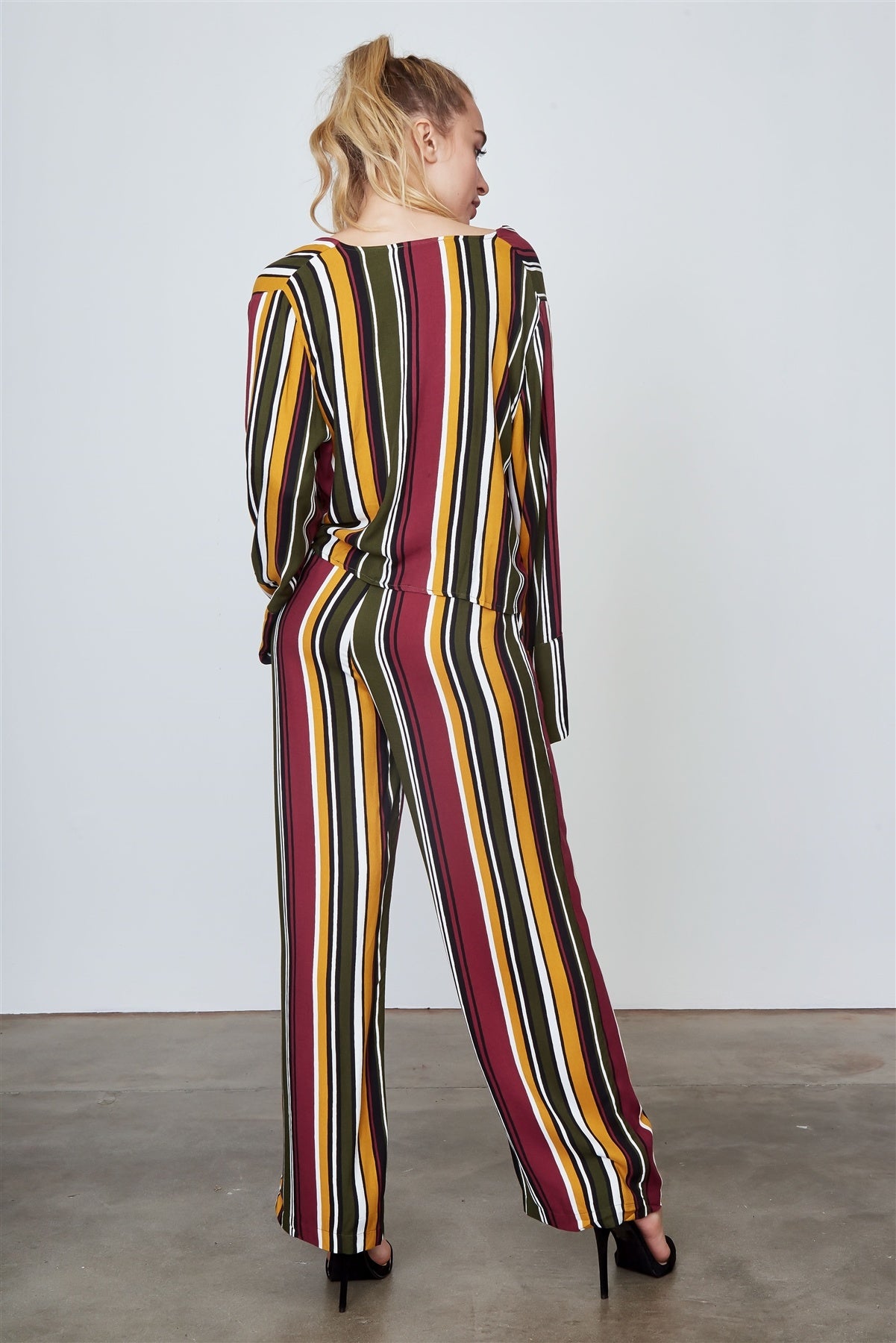 Ladies fashion multi stripe print two piece set