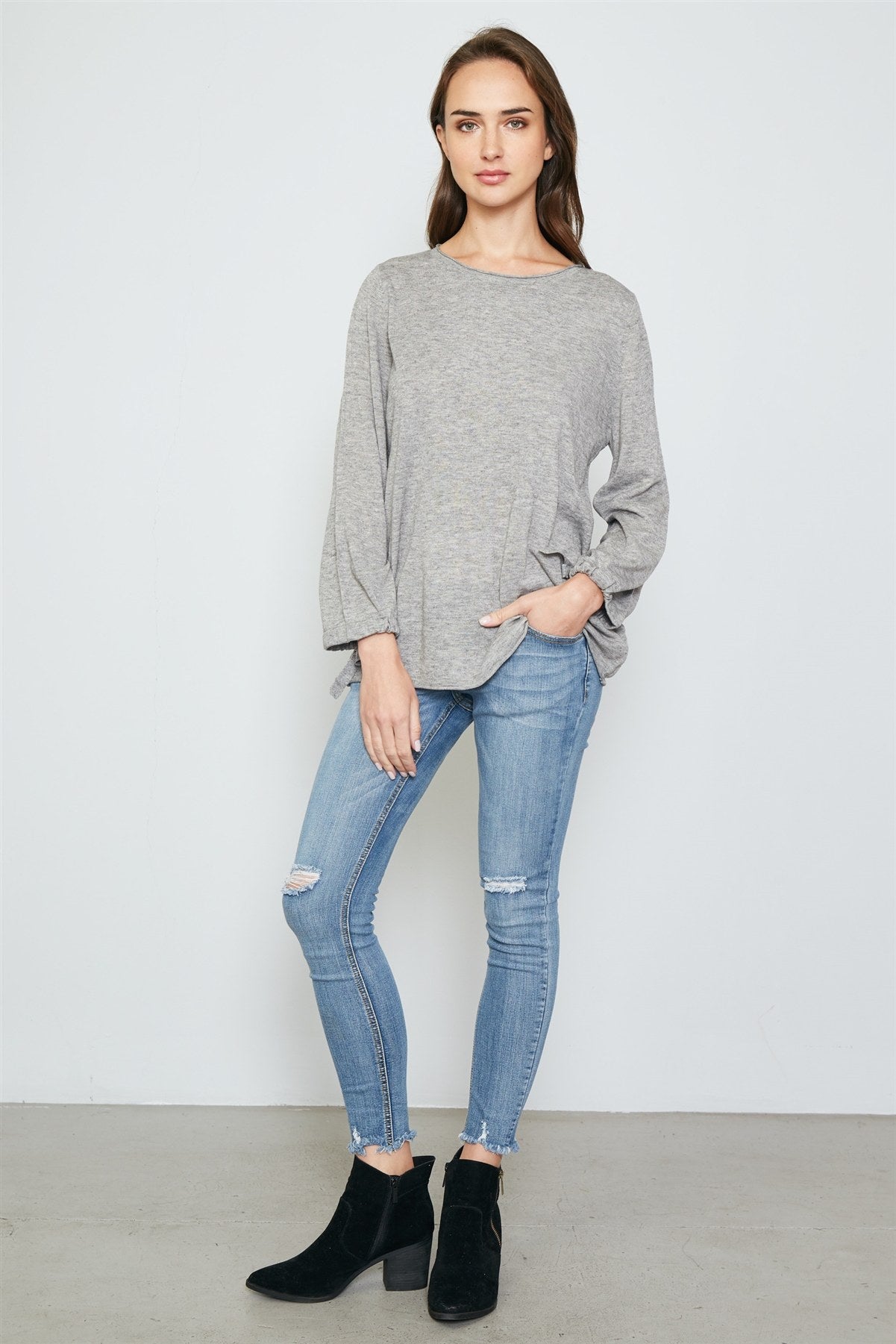 Ladies fashion tie cuff rolled hem sweatshirt