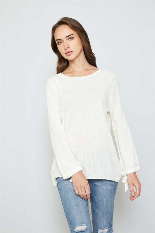 Ladies fashion tie cuff rolled hem sweatshirt